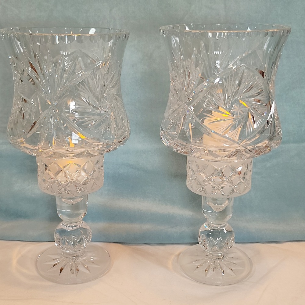 Vintage Heavy Cut Crystal Hurricane Candle Holder Set Clear Glass Starburst